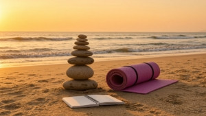 A rolled purple yoga mat, stacked balance stones, and an open journal on a beach at sunset