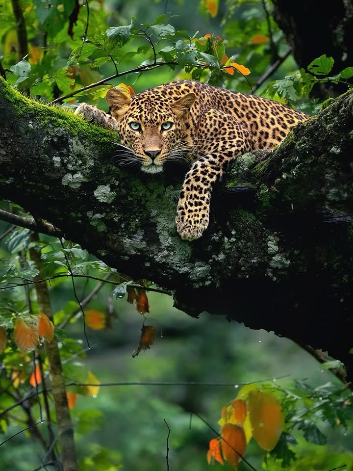 Leopard lying across a thick horizontal branch