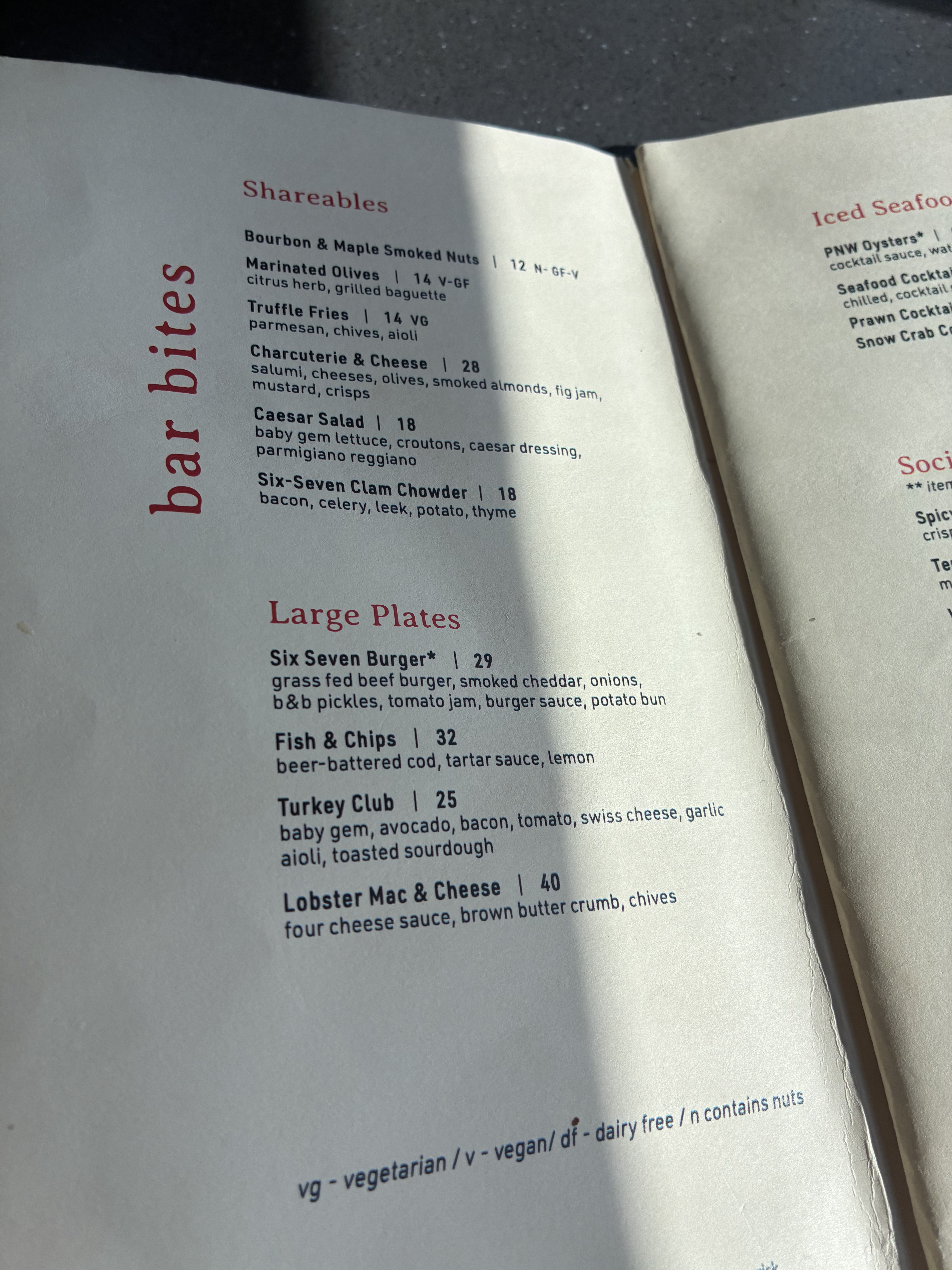 Six Seven bar bites menu